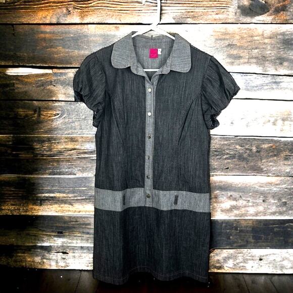 Danesi Women’s Large Gray Lightweight Denim Button-Down Mini Dress Short Sleeve - Picture 1 of 4